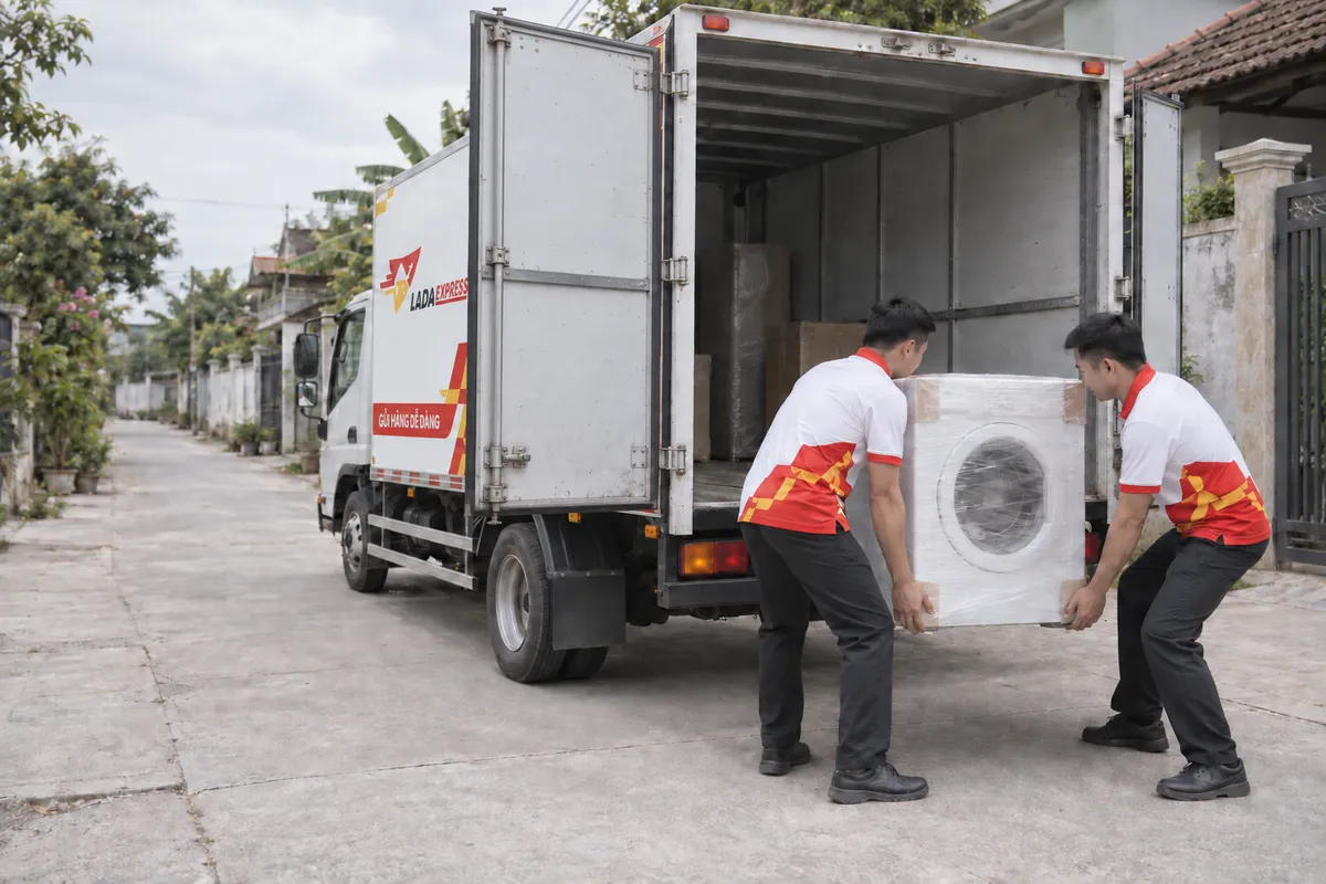 Vận chuyển máy giặt đi tỉnh bằng xe tải ghép: đóng gói, chằng buộc, cách tính cước