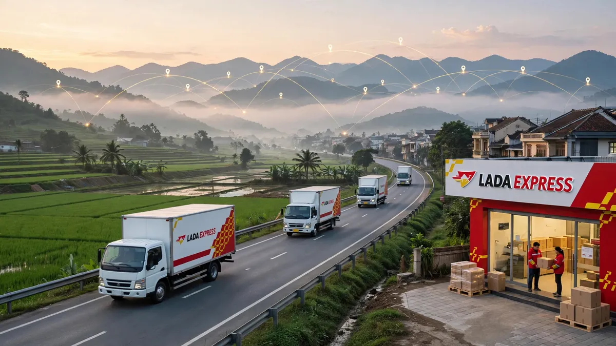 Xe tải LADA Express đỗ trước chi nhánh, nhân viên đang xếp kiện hàng lên thùng xe