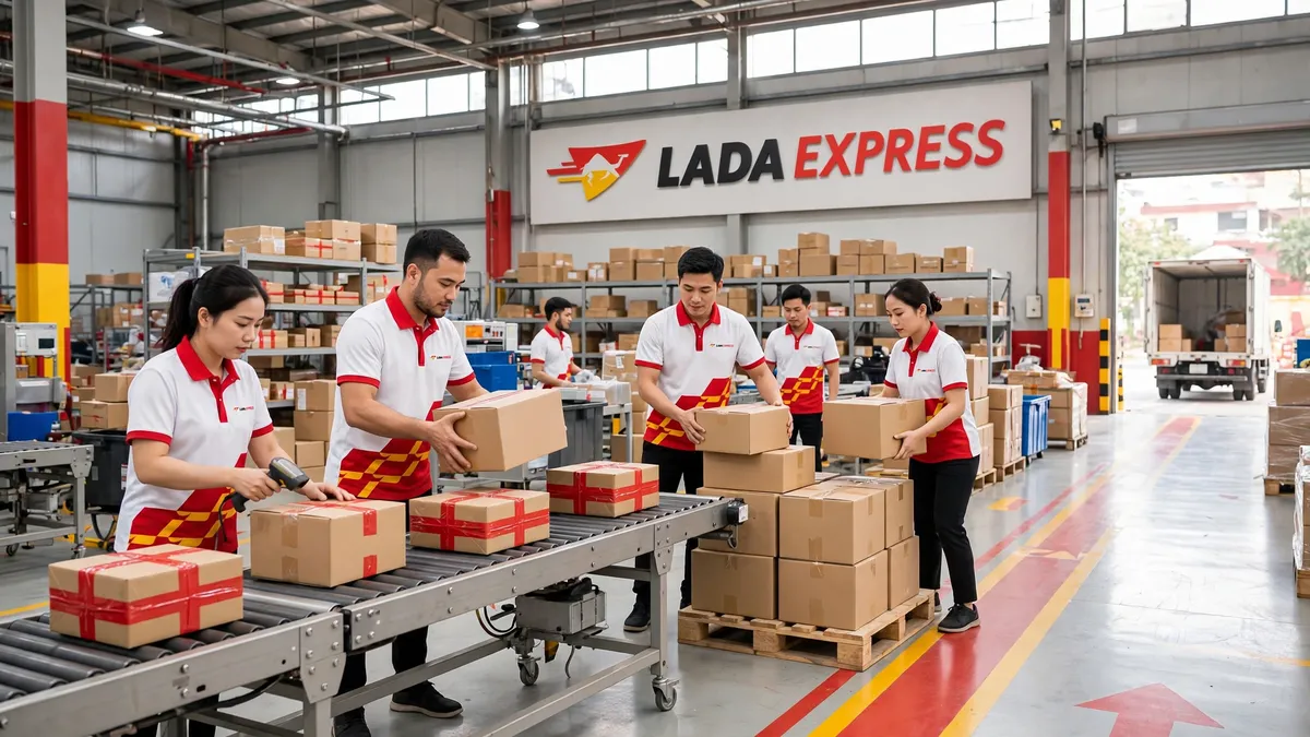 Nhân viên LADA phân loại kiện hàng tại trung tâm khai thác