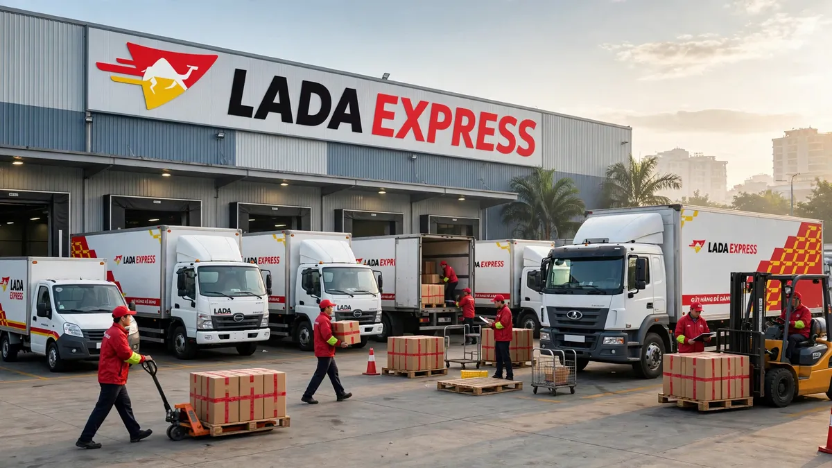 Đội xe tải LADA Express tại bãi xe của trung tâm khai thác